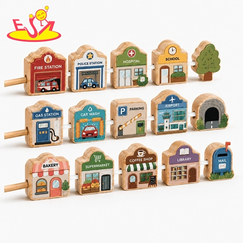 Holzstadtgebäude mit Befestigungsböden, Spielzeugbälle für Kleinkinder – Feuerwehr, Krankenhaus, Flughafen, Bäckerei und Supermarkt-Block W13D508